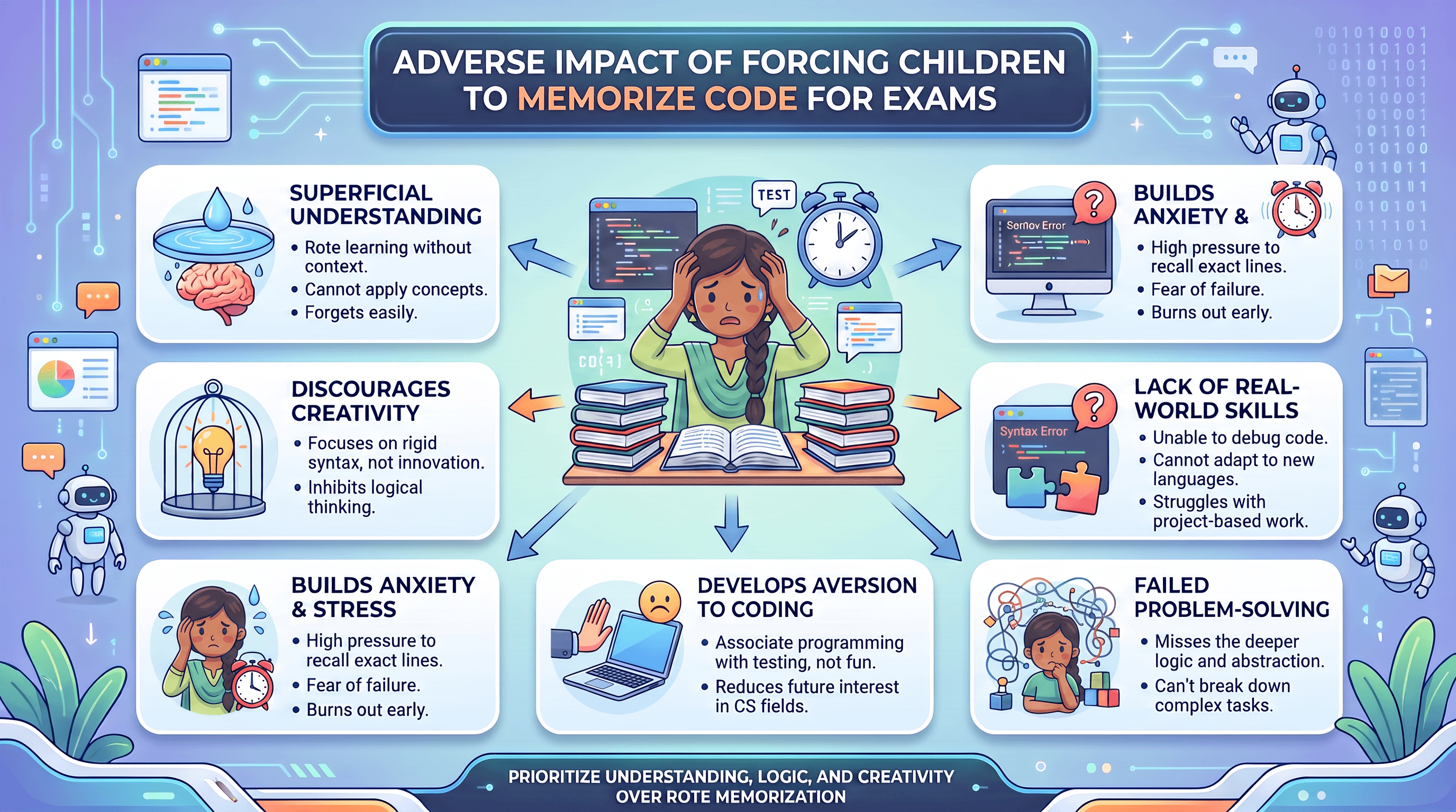Infographic titled Adverse Impact of Forcing Children to Memorize Code for Exams. A stressed student sits at a desk between stacks of books, head in hands, surrounded by six panels: Superficial Understanding (rote learning without context, cannot apply concepts, forgets easily); Builds Anxiety and Stress (high pressure to recall exact lines, fear of failure, burns out early); Discourages Creativity (focuses on rigid syntax not innovation, inhibits logical thinking); Develops Aversion to Coding (associates programming with testing not fun, reduces future interest in CS fields); Lack of Real-World Skills (unable to debug code, cannot adapt to new languages, struggles with project-based work); and Failed Problem-Solving (misses deeper logic and abstraction, cannot break down complex tasks). Footer reads: Prioritize understanding, logic, and creativity over rote memorization.
