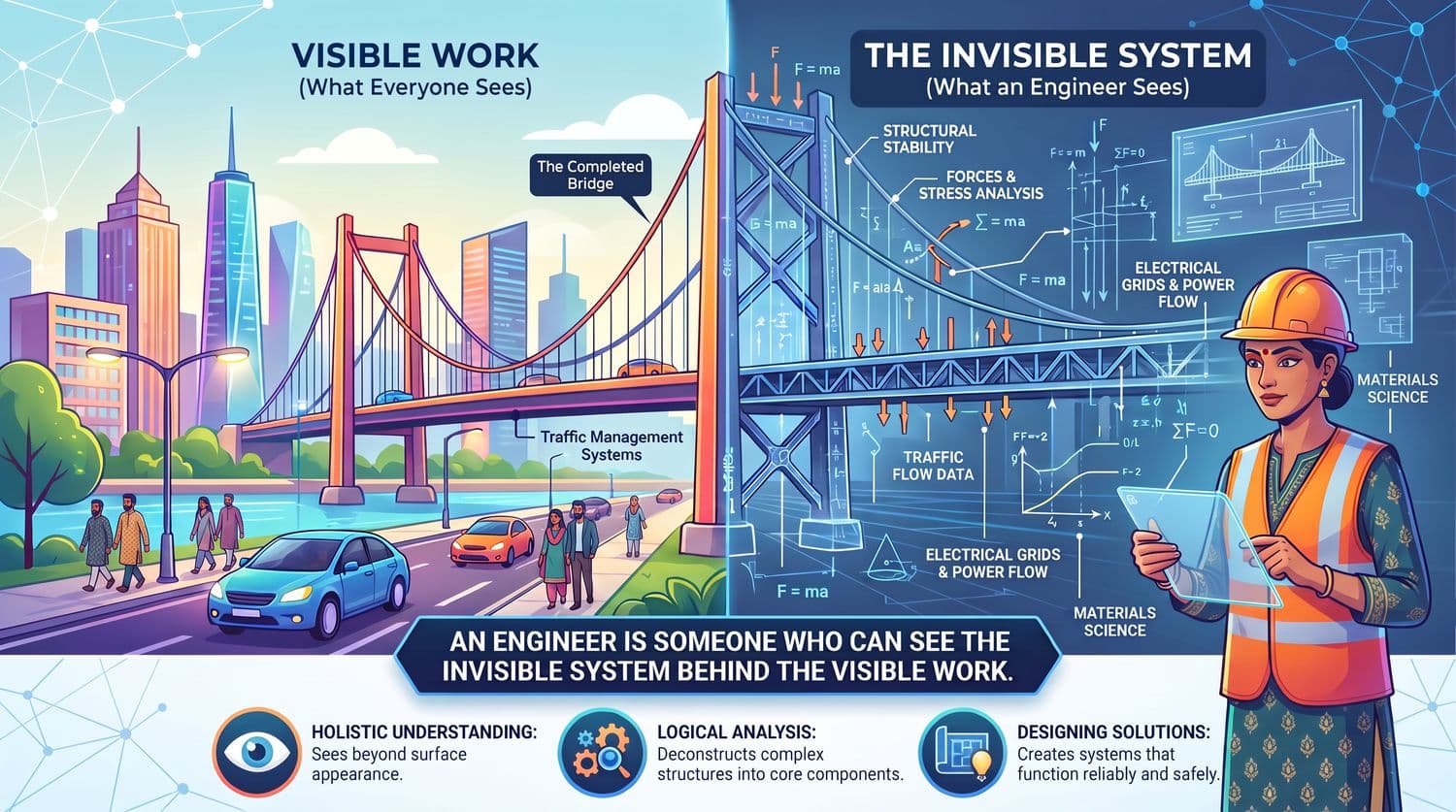 Split illustration: on the left, a completed bridge as everyone sees it, with cars and pedestrians crossing. On the right, the same bridge overlaid with force diagrams, stress analysis, and structural annotations — what an engineer sees.