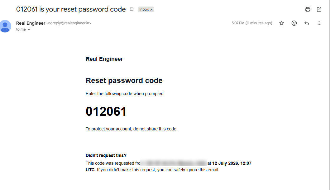 Email from Real Engineer showing the 6-digit reset password code