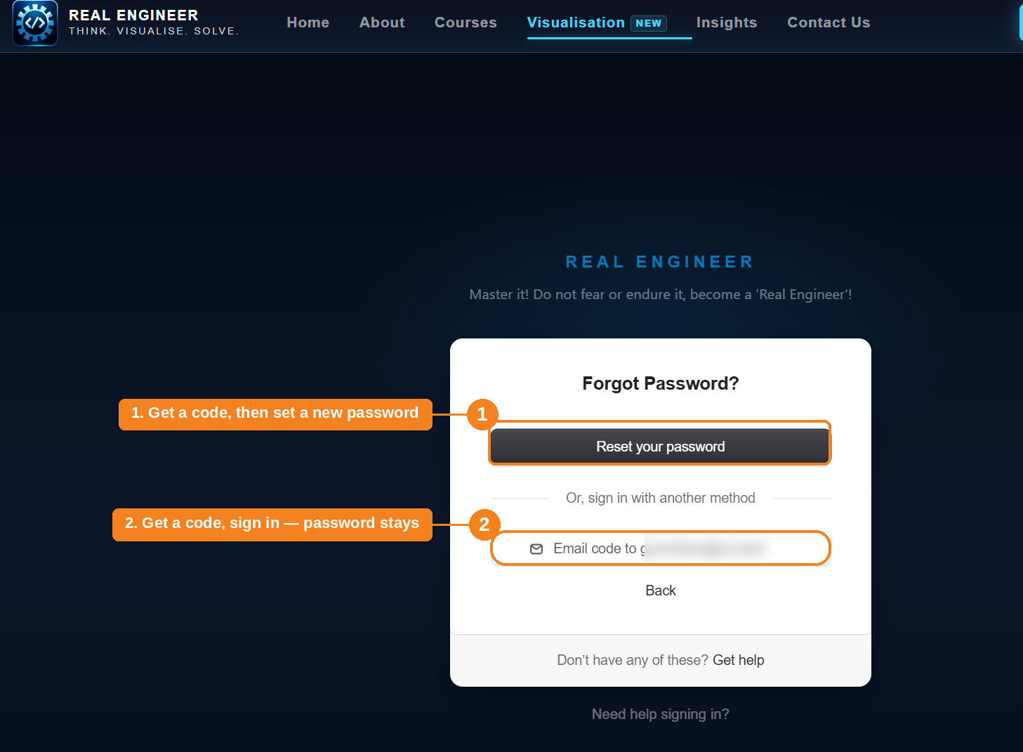 Forgot Password screen showing two options: Reset your password, and Email code to your address