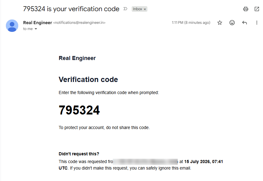 Email from Real Engineer showing the 6-digit verification code for signing in
