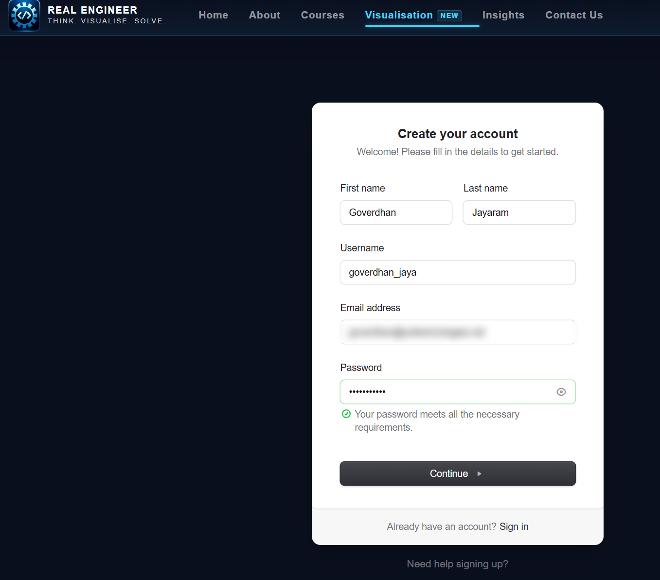 Sign-up form with all fields filled in