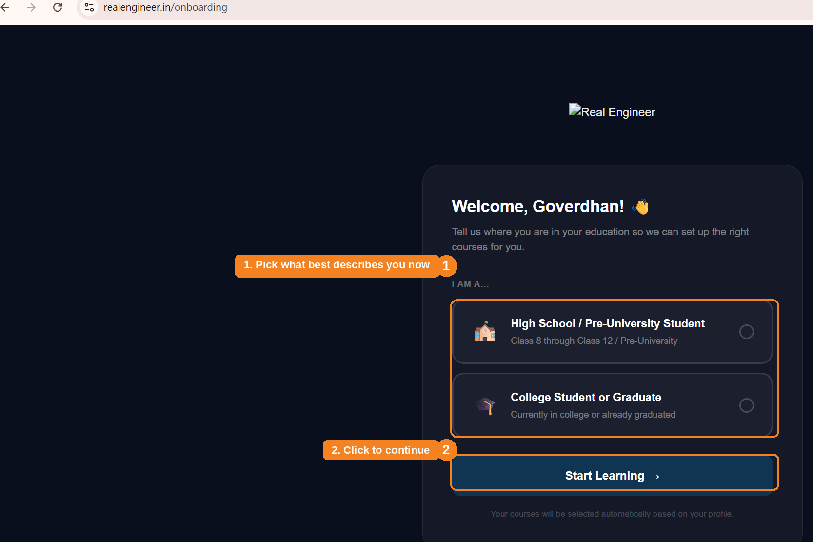 Onboarding screen asking whether the student is in high school or college