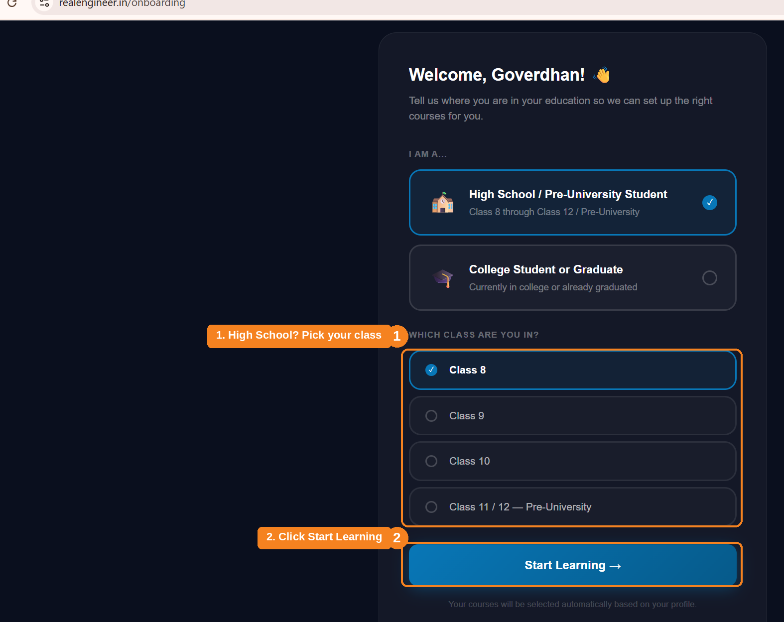 Class selection screen shown after choosing High School / Pre-University Student