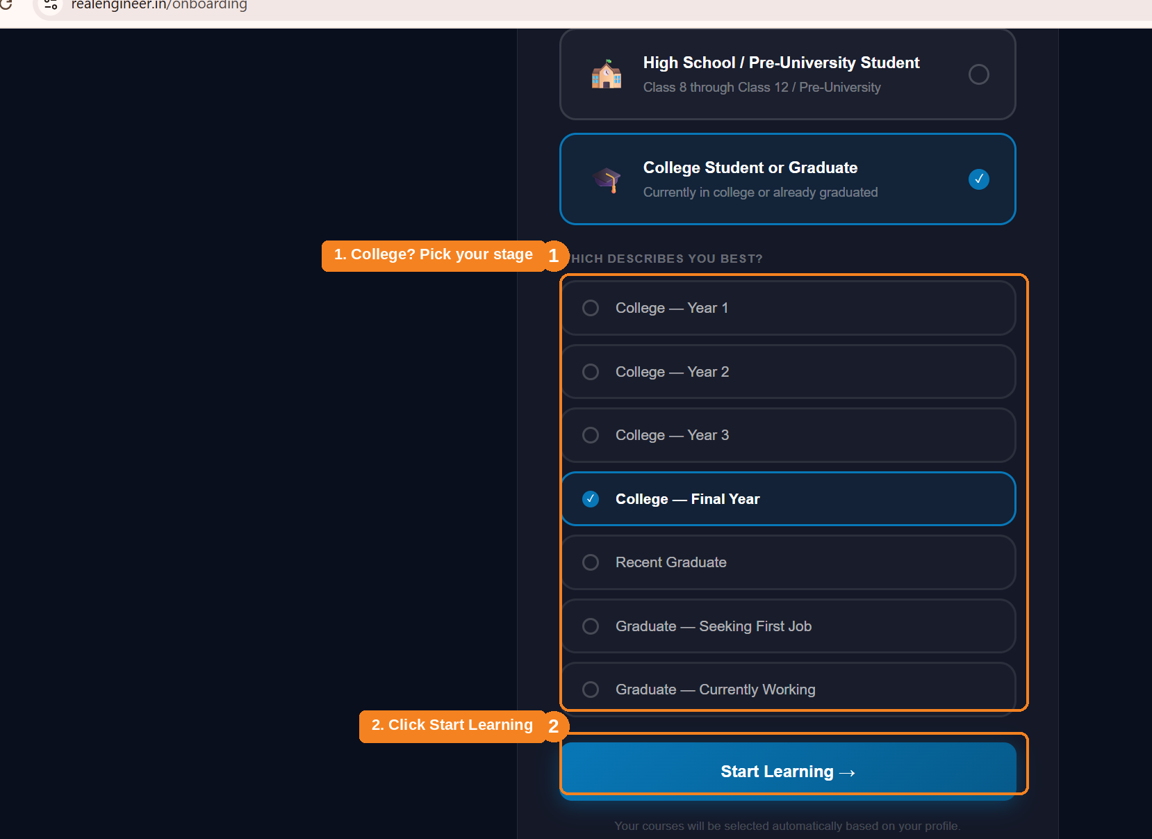 Stage selection screen shown after choosing College Student or Graduate