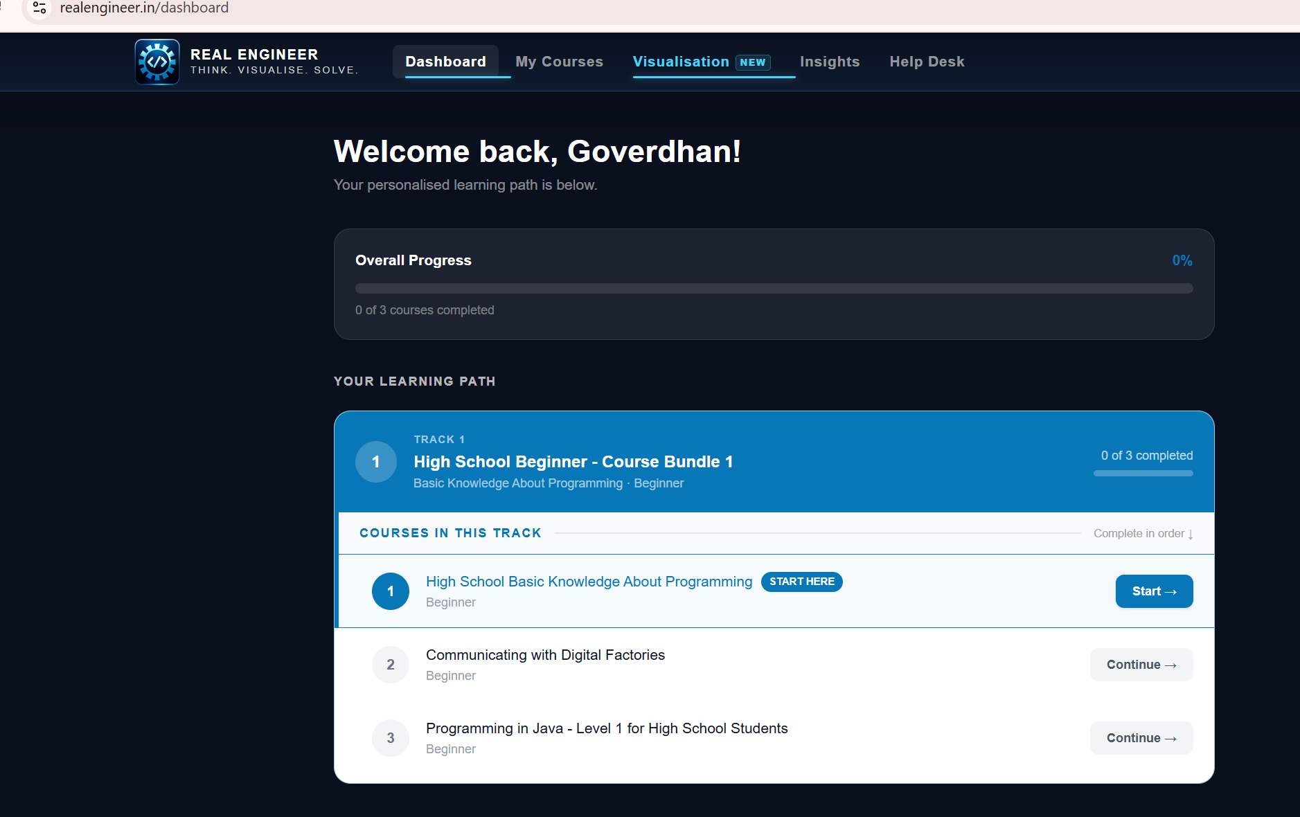 Dashboard after successful sign-up showing the learning path