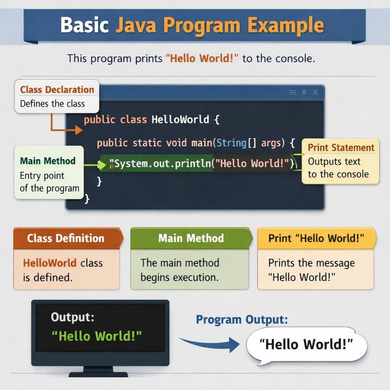 Basic Java Program Example infographic showing a HelloWorld class annotated with class declaration, main method, and print statement, plus the program's console output of Hello World.