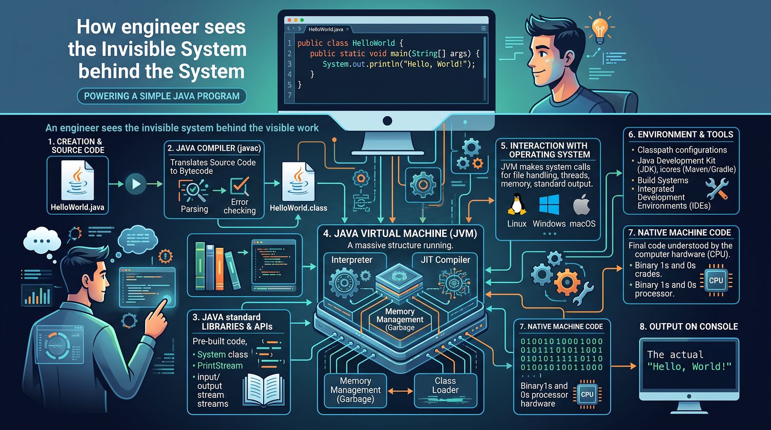Diagram showing everything that happens behind a simple Java Hello World program: source code, the Java compiler, standard libraries, the Java Virtual Machine with its interpreter, JIT compiler and memory management, the operating system, native machine code, and console output.