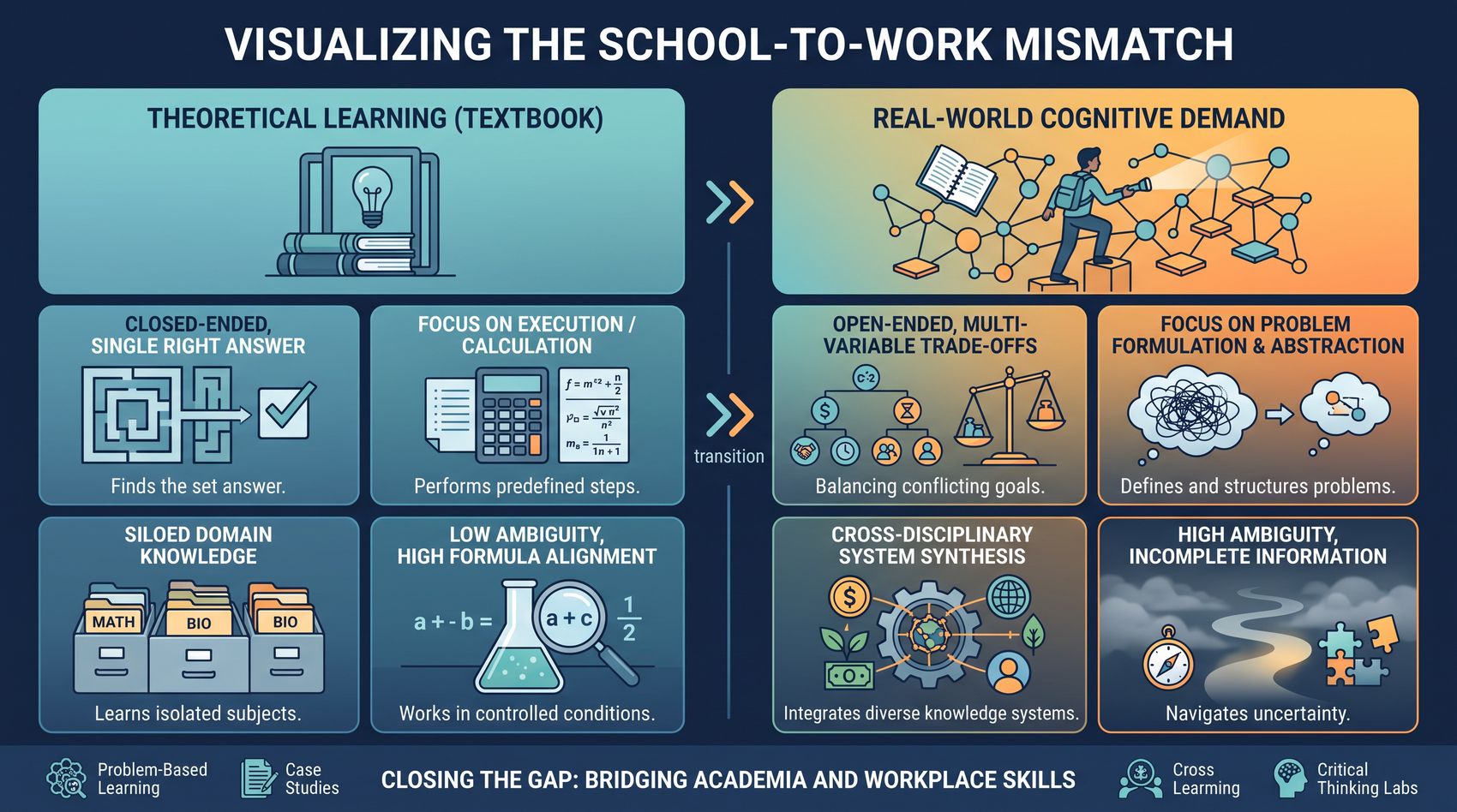 Infographic titled Visualizing the School-to-Work Mismatch. Left column, theoretical learning (textbook): closed-ended single right answer (finds the set answer), focus on execution and calculation (performs predefined steps), siloed domain knowledge (learns isolated subjects), low ambiguity and high formula alignment (works in controlled conditions). Right column, real-world cognitive demand: open-ended multi-variable trade-offs (balancing conflicting goals), focus on problem formulation and abstraction (defines and structures problems), cross-disciplinary system synthesis (integrates diverse knowledge systems), high ambiguity and incomplete information (navigates uncertainty). Footer: closing the gap through problem-based learning, case studies, cross learning, and critical thinking labs.