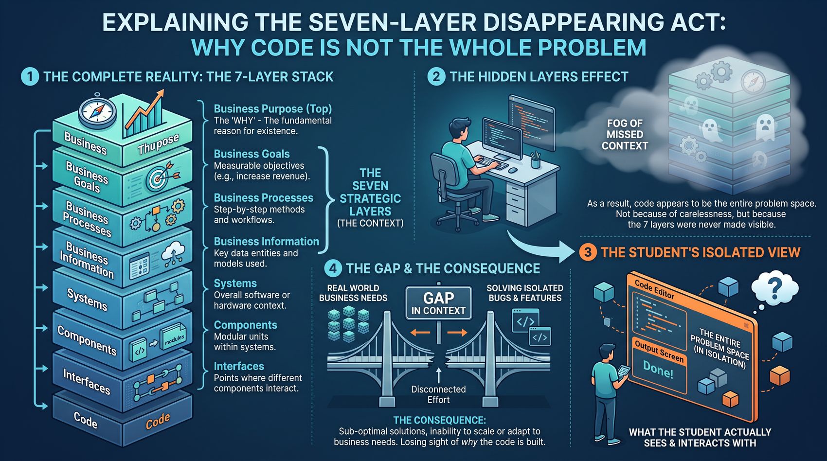 Infographic explaining the seven-layer disappearing act. Panel 1: the complete reality is a seven-layer stack from Business Purpose at top, through Business Goals, Business Processes, Business Information, Systems, Components, Interfaces, down to Code at the bottom — the seven strategic layers of context. Panel 2: the hidden layers effect shows a student coding at a desk with a fog of missed context drifting off a ghosted server stack, noting that as a result code appears to be the entire problem space, not because of carelessness but because the seven layers were never made visible. Panel 3: the student's isolated view shows only a code editor and output screen as the entire problem space. Panel 4: the gap and the consequence shows two halves of a broken bridge — real world business needs on one side, solving isolated bugs and features on the other — separated by a gap in context, with the consequence being sub-optimal solutions, inability to scale, and losing sight of why the code is built.