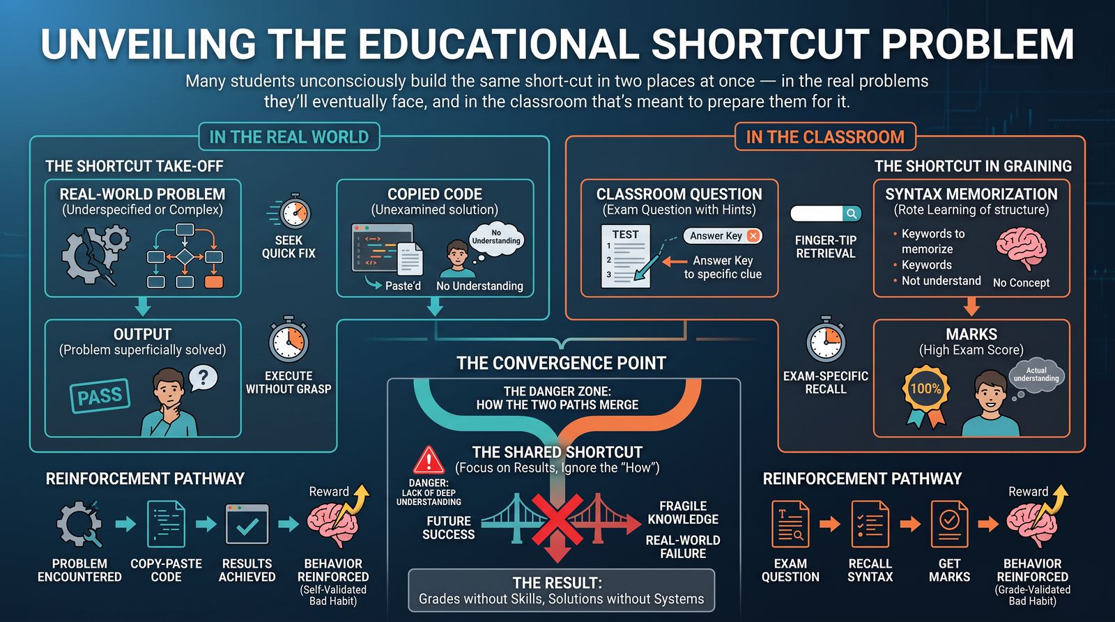 Infographic titled Unveiling the Educational Shortcut Problem, showing the real-world path (problem, copied code, output) and classroom path (question, syntax memorization, marks) converging at a shared shortcut of focusing on results while ignoring the how, leading to fragile knowledge and real-world failure, with reinforcement pathways rewarding both bad habits.